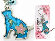 猫キーホルダー：お花見猫クリアブルー　１個