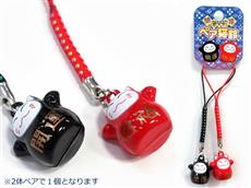 ねこ型鈴ストラップ開運招福(黒赤)ペア　1個